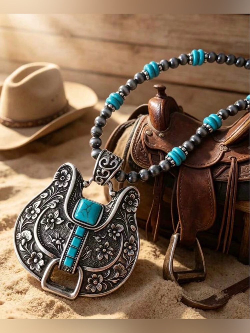Western Necklace Turquoise Accent Western Saddle Pendant Necklace